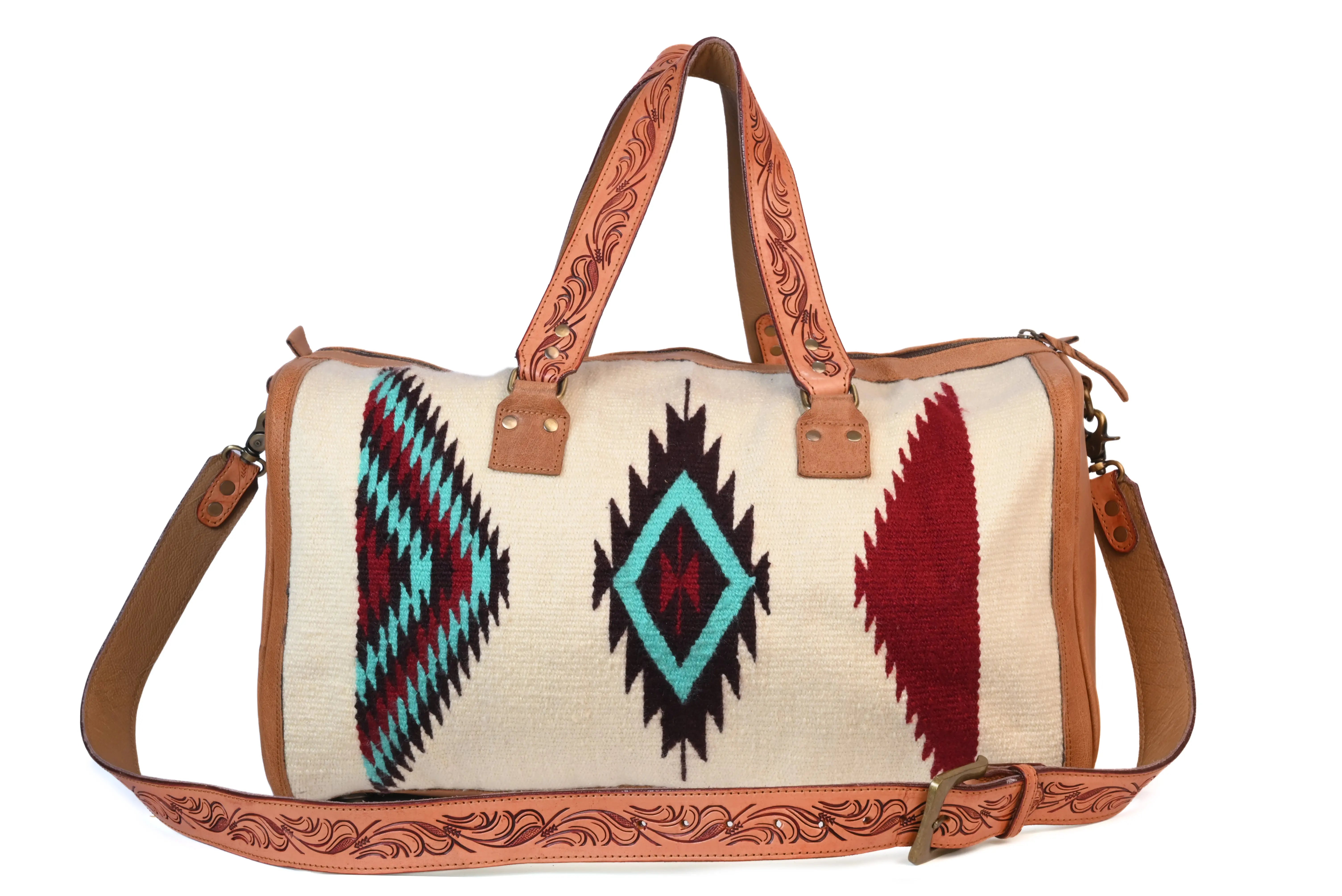 Saddle Blanket Hand tooled Genuine Leather Western Duffel Bag - abitoamerica